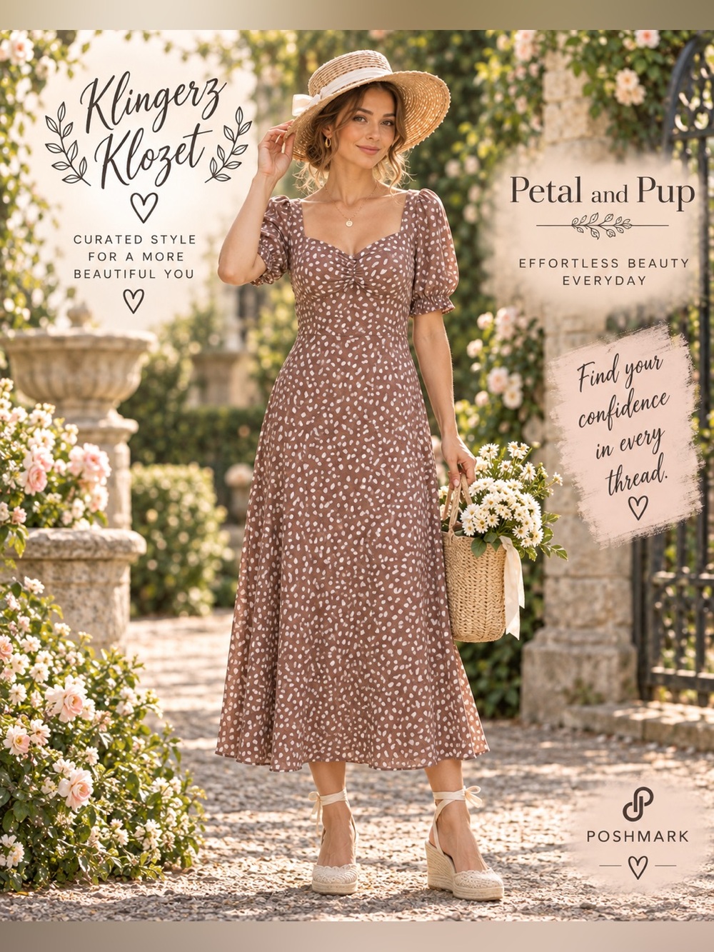 Petal & Pup Taupe Ivory Puff Sleeve Midi Dress Cottagecore Boho